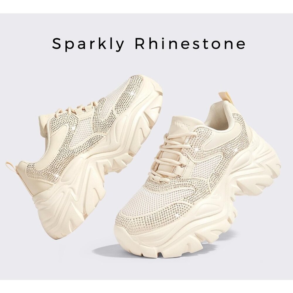 Women Leather Beige Rhinestone Comfortable Wedge Walking Sport Sneakers Shoes - Picture 6 of 9